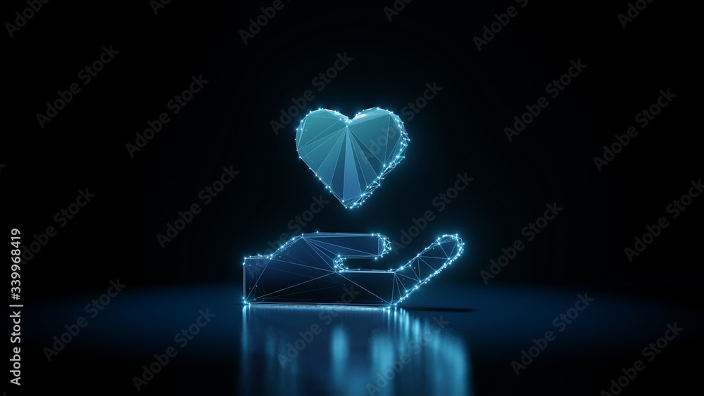 Poster 3d rendering wireframe neon glowing symbol of hand holding heart on black background with reflection