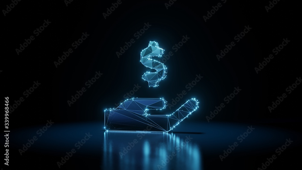 Poster 3d rendering wireframe neon glowing symbol of hand holding usd on black background with reflection