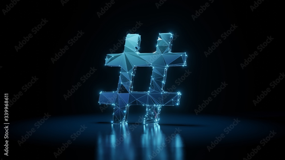 Aufkleber 3d rendering wireframe neon glowing symbol of hashtag on black background with reflection