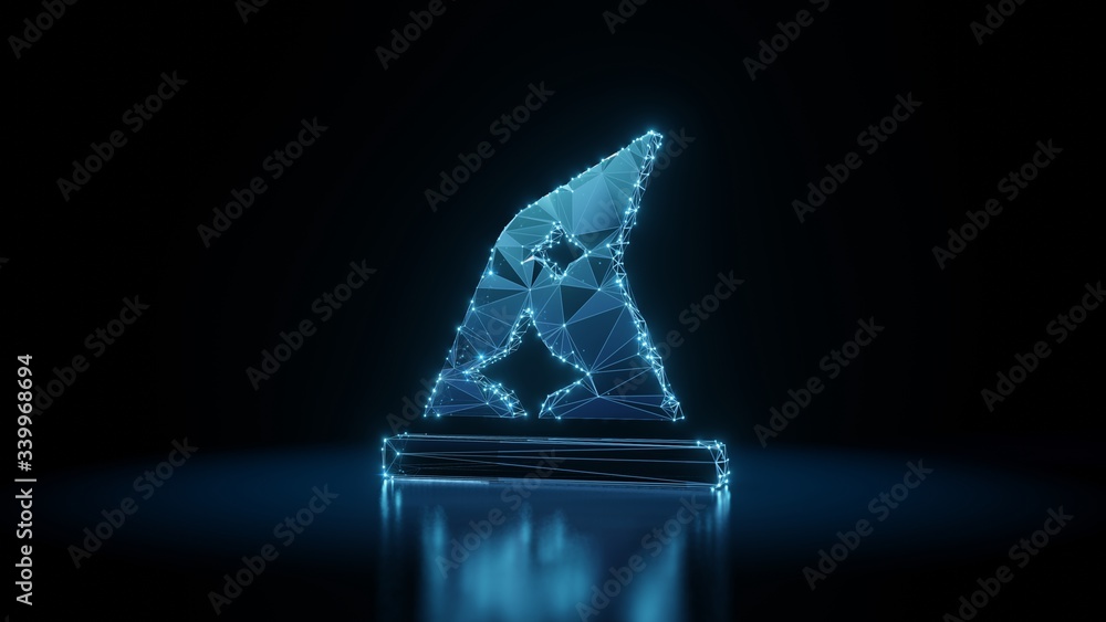 Poster 3d rendering wireframe neon glowing symbol of hat wizard on black background with reflection