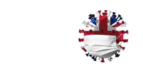 Model of COVID-19 coronavirus colored in United Kingdom flag in face mask, concept of pandemic spreading, medicine and healthcare. Worldwide epidemic, quarantine and isolation, protection. Copyspace.