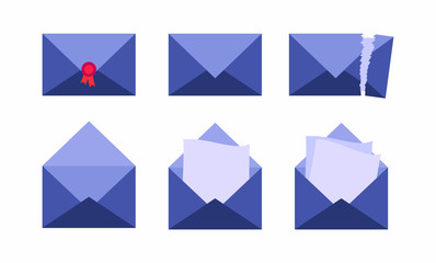 A set of envelopes. Open envelopes. Envelopes for letters. Stylish flat design. Vector illustration. Printed envelope with a torn edge.