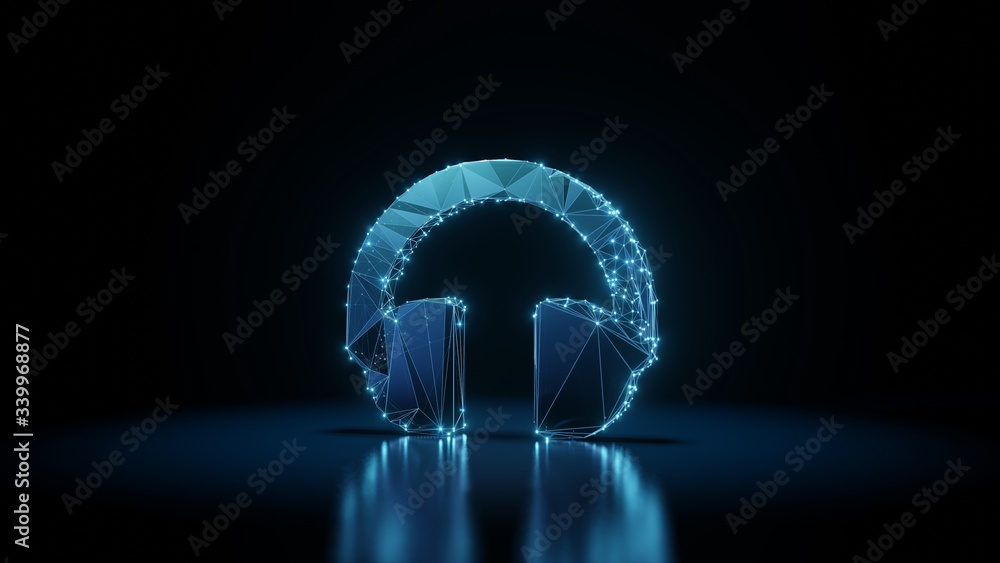 Poster 3d rendering wireframe neon glowing symbol of headphones on black background with reflection