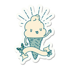 sticker of tattoo style ice cream character waving