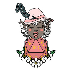 elf bard character with natural twenty dice roll illustration