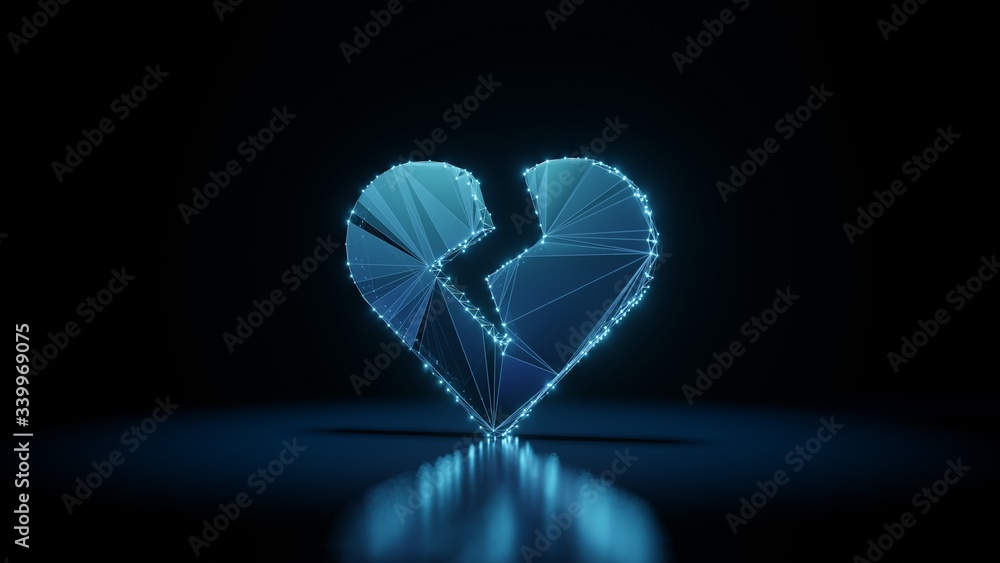 Poster 3d rendering wireframe neon glowing symbol of heart broken on black background with reflection