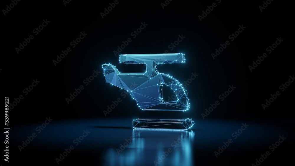Poster 3d rendering wireframe neon glowing symbol of helicopter on black background with reflection