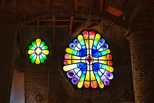 Church of Colonia Guell stained glass window, Santa Coloma de Cervello, Spain