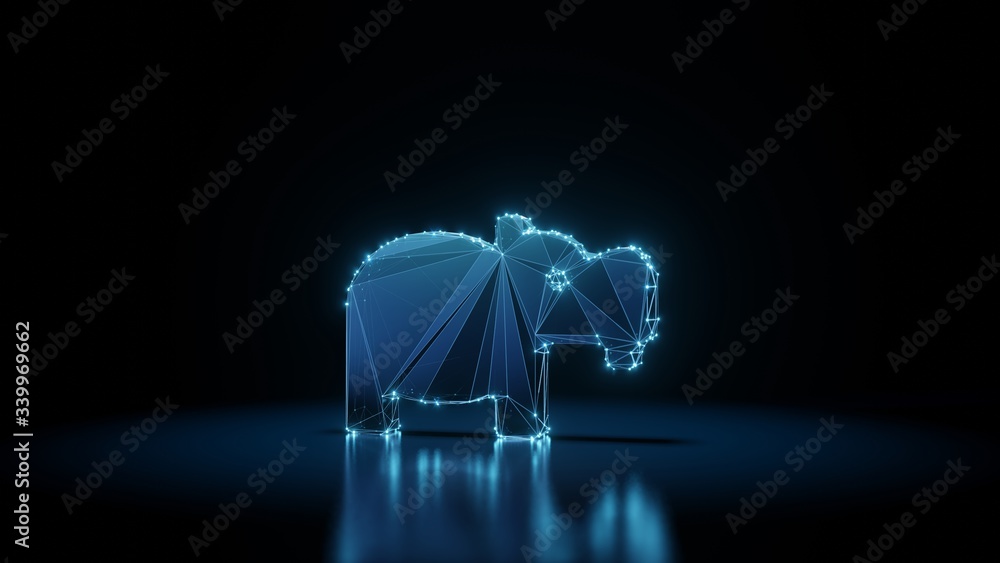 Poster 3d rendering wireframe neon glowing symbol of hippo on black background with reflection