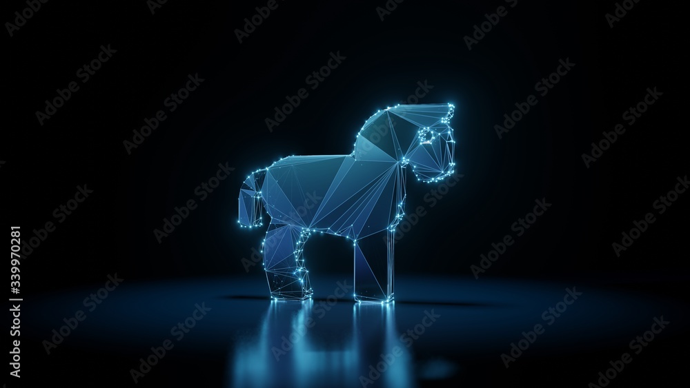 Poster 3d rendering wireframe neon glowing symbol of horse on black background with reflection