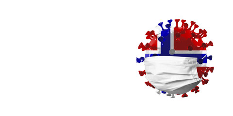 Model of COVID-19 coronavirus colored in national Norway flag in face mask, concept of pandemic spreading, medicine and healthcare. Worldwide epidemic, quarantine and isolation, protection. Copyspace.