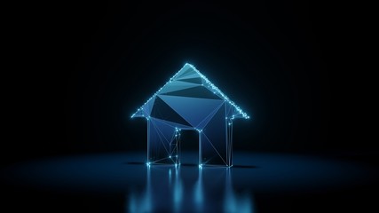 3d rendering wireframe neon glowing symbol of home button on black background with reflection