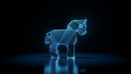 3d rendering wireframe neon glowing symbol of horse on black background with reflection