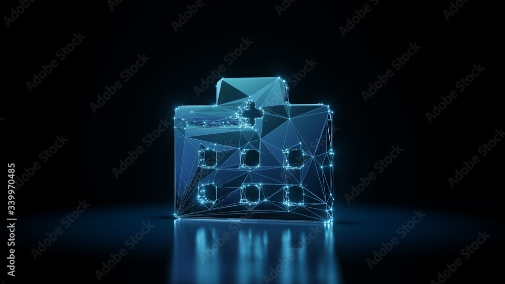 Poster 3d rendering wireframe neon glowing symbol of hospital on black background with reflection