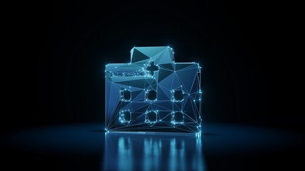 3d rendering wireframe neon glowing symbol of hospital  on black background with reflection