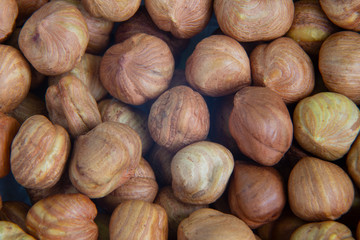 Nuts close up. Hazelnut kernels close-up lies in the sun