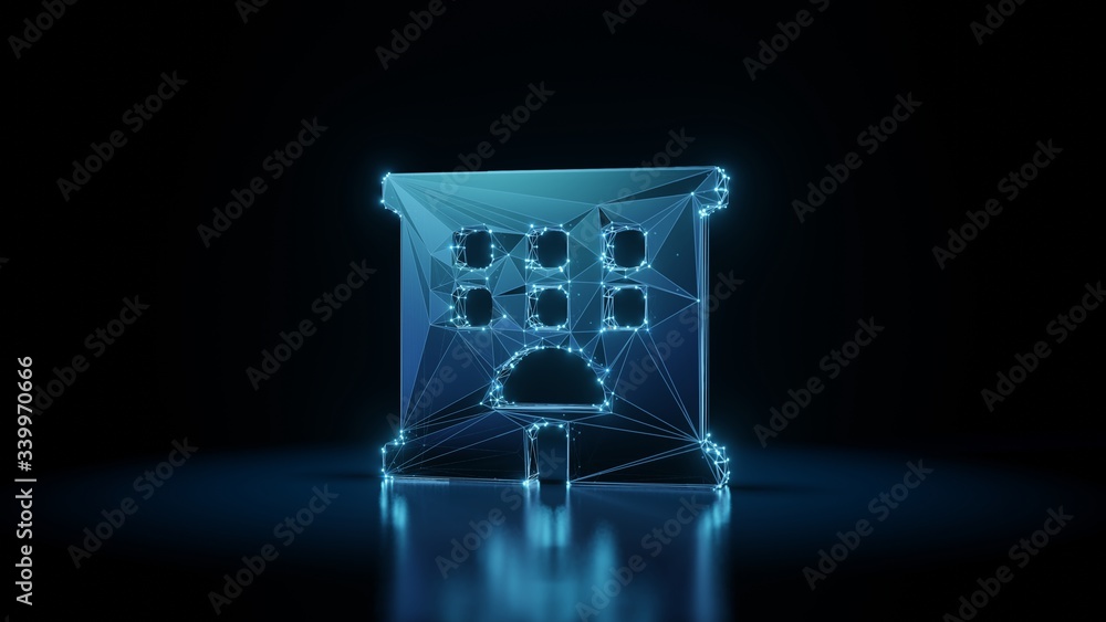 Poster 3d rendering wireframe neon glowing symbol of hotel on black background with reflection