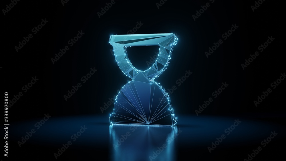 Poster 3d rendering wireframe neon glowing symbol of hourglass end on black background with reflection