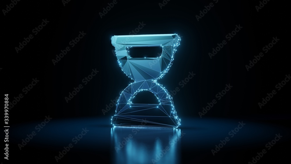 Poster 3d rendering wireframe neon glowing symbol of hourglass half on black background with reflection