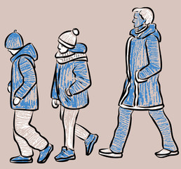 Sketches of woman and her kids walking outdoors