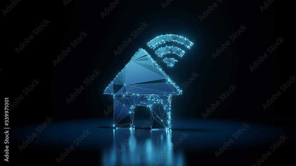 Poster 3d rendering wireframe neon glowing symbol of house wi-fi on black background with reflection