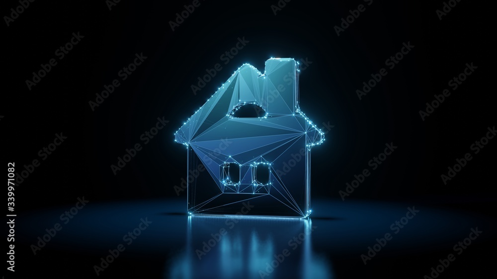 Poster 3d rendering wireframe neon glowing symbol of house on black background with reflection
