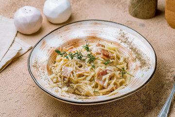 Spaghetti Carbonara with bacon on beautiful plate
