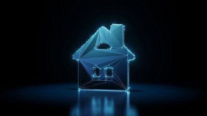 3d rendering wireframe neon glowing symbol of house  on black background with reflection