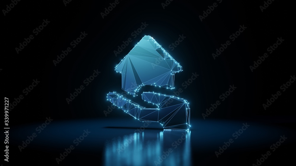Poster 3d rendering wireframe neon glowing symbol of house on black background with reflection