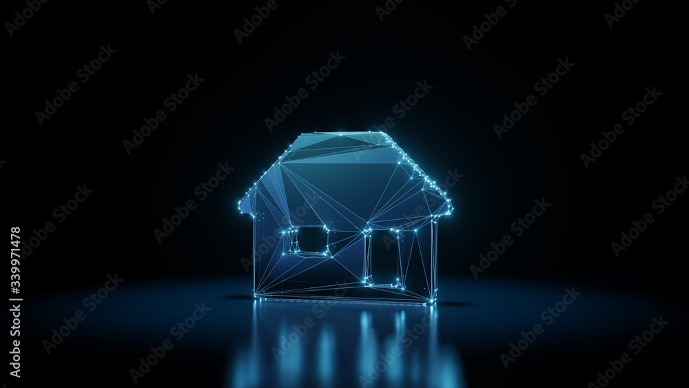 Poster 3d rendering wireframe neon glowing symbol of house on black background with reflection