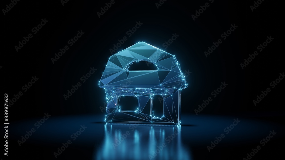 Poster 3d rendering wireframe neon glowing symbol of house on black background with reflection