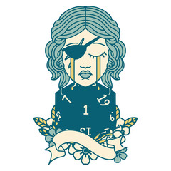 crying human rogue with natural one D20 roll illustration