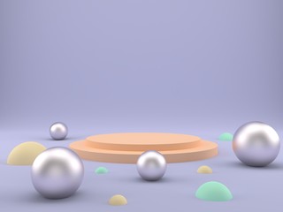 3d rendering studio with geometric shapes, podium on the floor. Platforms for product presentation, mock up background.