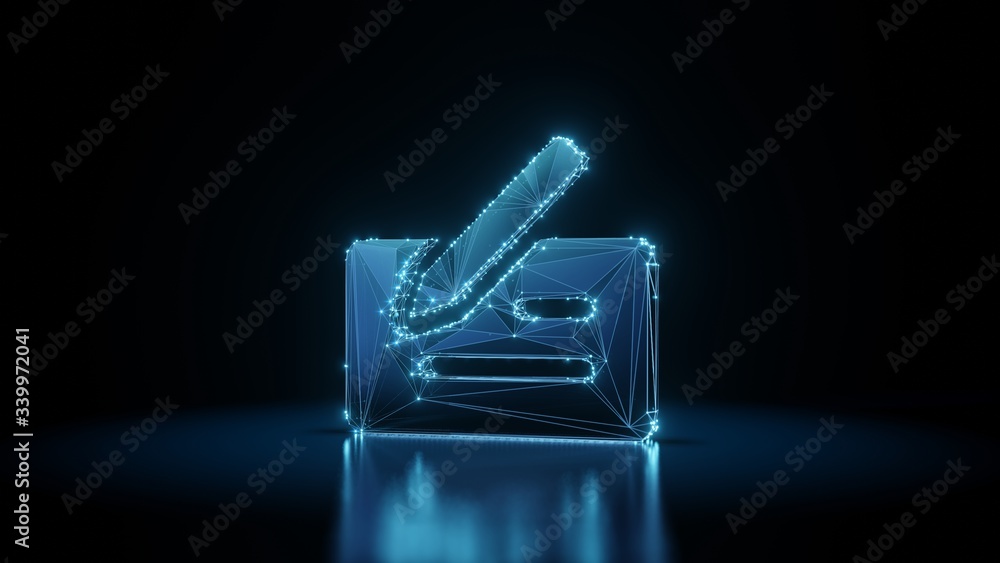 Aufkleber 3d rendering wireframe neon glowing symbol of cheque on black background with reflection