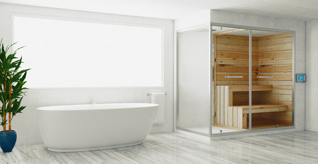 Fototapeta na wymiar Modern bathroom with bathtub, luxury apartment. 3d rendering