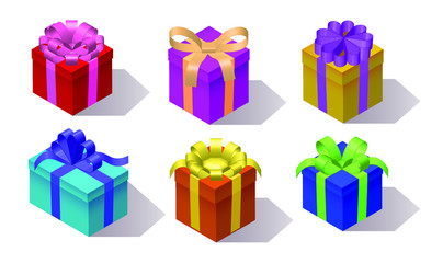 vector, set of gift boxes, isometric, 3d rendering, in different colors, collection of present box,  isolated on white background