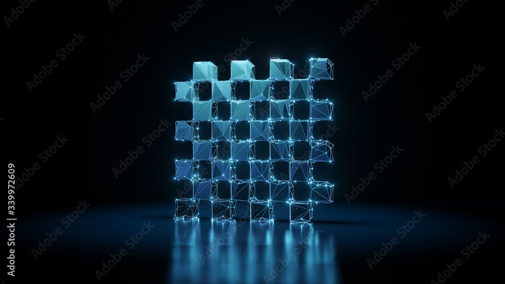 Poster 3d rendering wireframe neon glowing symbol of chess board on black background with reflection