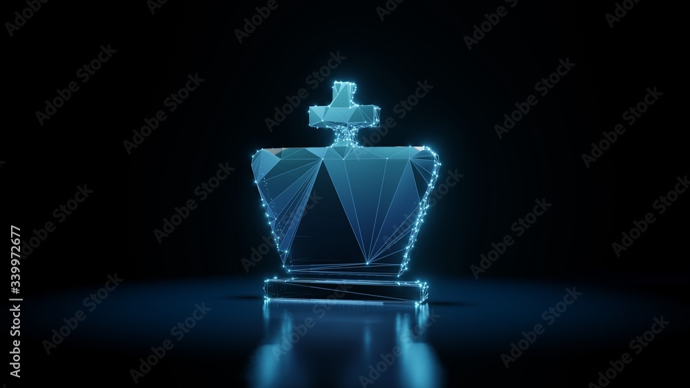 Poster 3d rendering wireframe neon glowing symbol of chess king on black background with reflection