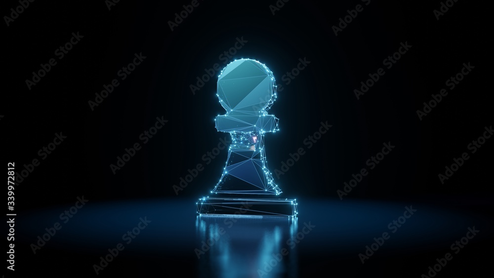 Aufkleber 3d rendering wireframe neon glowing symbol of chess pawn on black background with reflection