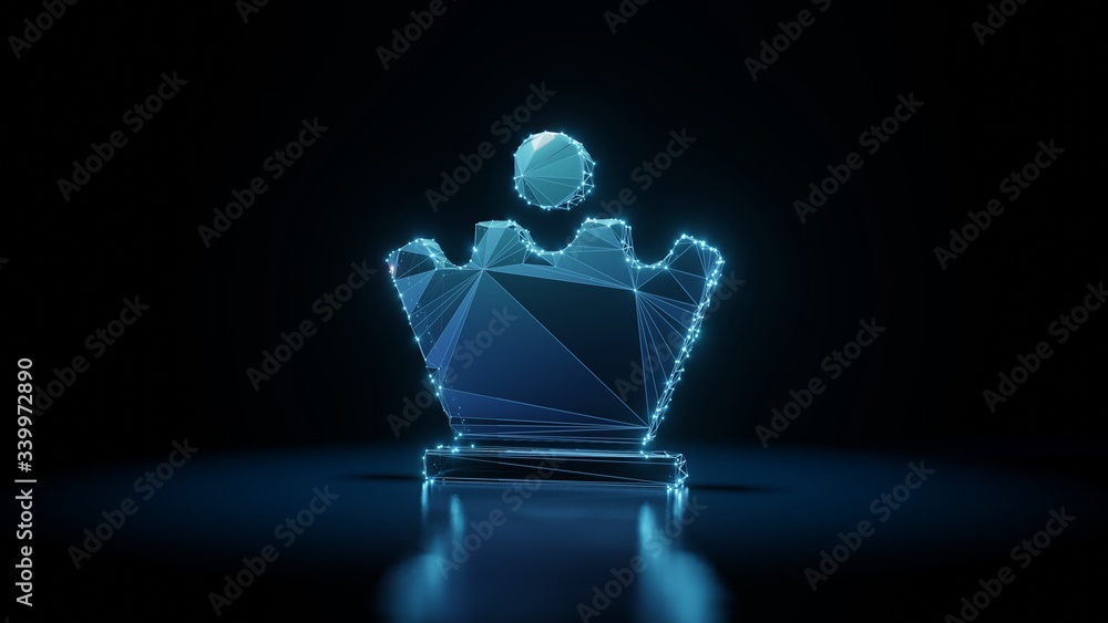 Poster 3d rendering wireframe neon glowing symbol of chess queen on black background with reflection