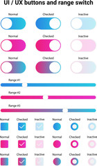 Set of UI, UX elements for website and application. Gradient buttons and range switch for web and app. Vector illustration. 