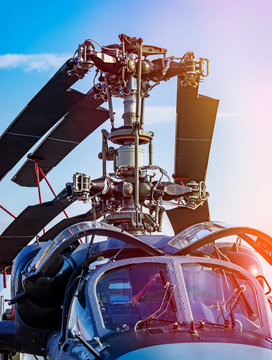 Military Helicopter Rotor Blade And Folded Blades Closeup On Background Blue Sky