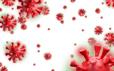Coronavirus COVID-19 under the microscope. Group of Dangerous 2019-nCov virus, pandemic risk background. 3D illustration.