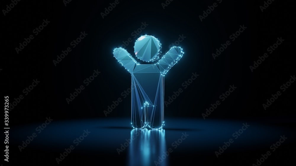 Poster 3d rendering wireframe neon glowing symbol of child on black background with reflection