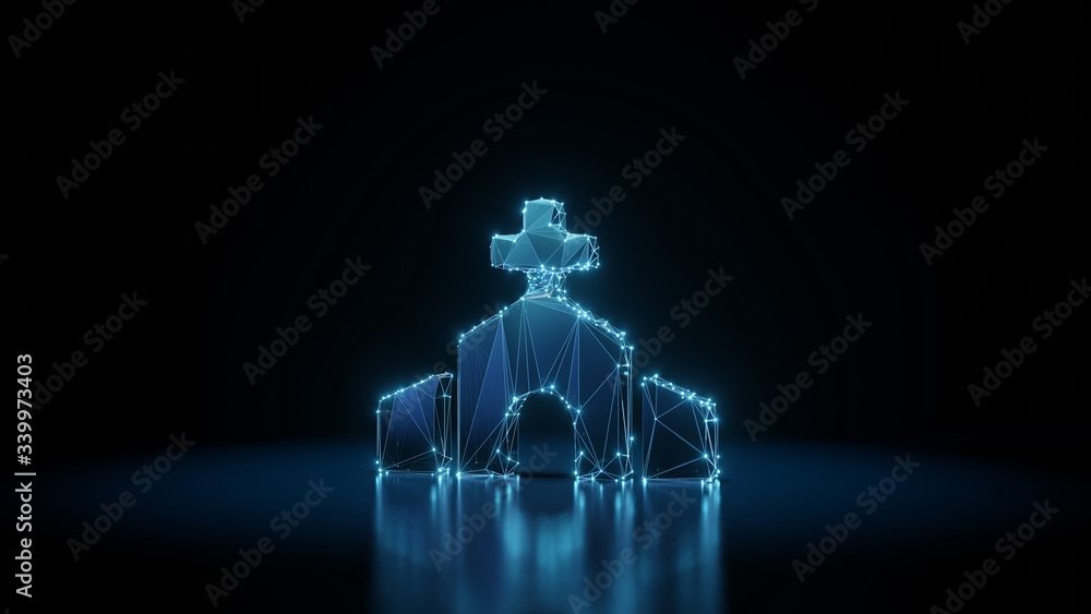 Poster 3d rendering wireframe neon glowing symbol of church on black background with reflection
