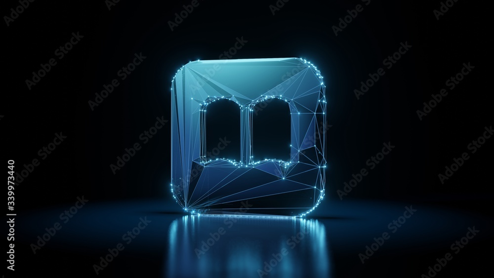 Poster 3d rendering wireframe neon glowing symbol of ibook on black background with reflection