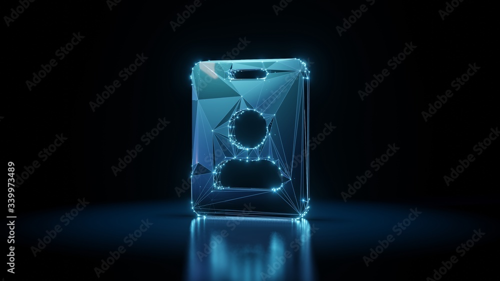 Aufkleber 3d rendering wireframe neon glowing symbol of id badge on black background with reflection
