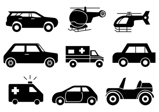 Solid icons set, transportation. Car side view. Helicopter, emergency ambulance. vector illustrations.