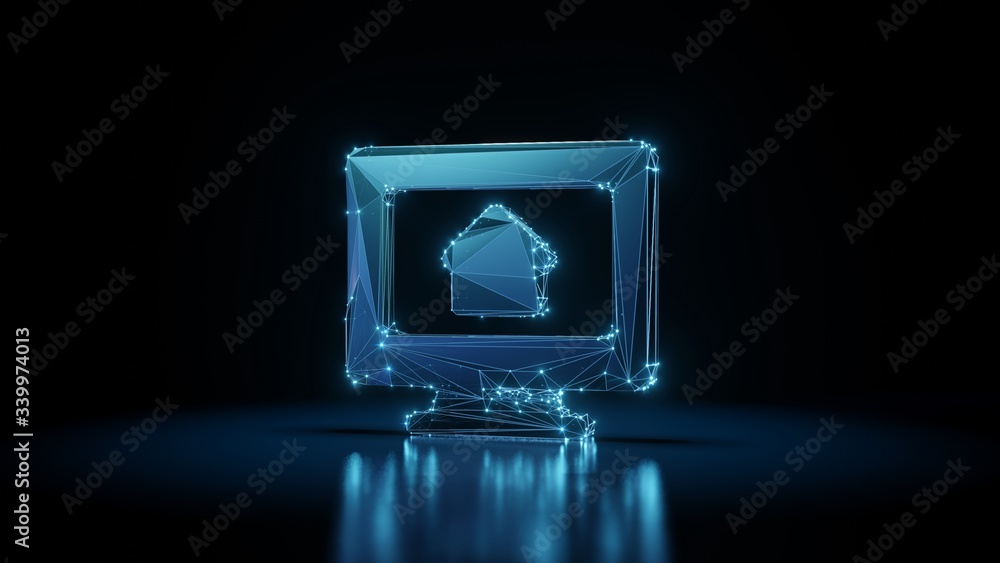 Aufkleber 3d rendering wireframe neon glowing symbol of imac on black background with reflection