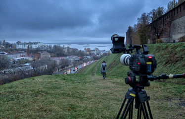 behind the scene film crew team filming movie scene on outdoor location